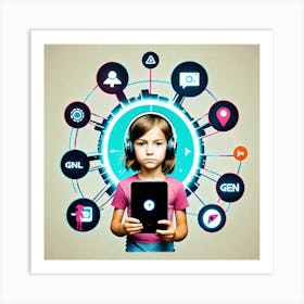 Young Girl Holding A Tablet Art Print