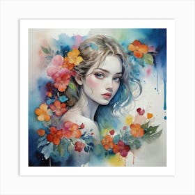 Watercolor Of A Girl With Flowers art print Art Print