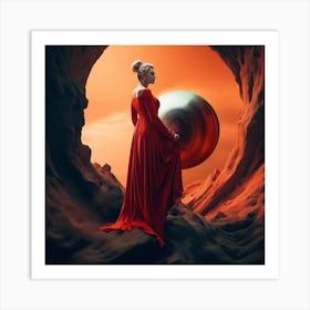 Woman In Red Dress In A Cave Art Print