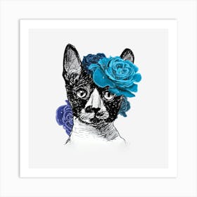 Cat With Roses Art Print