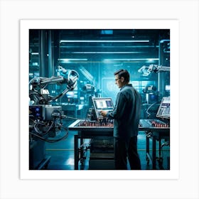 Cyber Industrial Interface Showcasing A Factory Manager Overseeing A High Tech Manufacturing Floor (6) Art Print