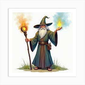 Enchanting Wizard With A Magical Staff, Watercolor 1 Art Print