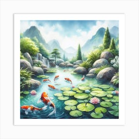 Serene koi fish pond with lily pads 1 Art Print