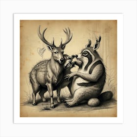 Raccoon And Deer Art Print