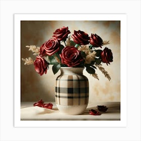 Roses In A Tan Plaid Vase Art Print