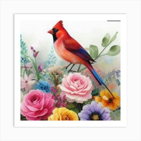 Cardinal Bird With Flowers Art Print