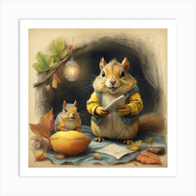 Squirrels Reading A Book Art Print