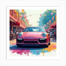 Porsche 911 Turbo S Amidst A Colorful Watercolor Carnival Scene 1 Art Print