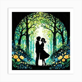 Couple In The Forest, Silhouettes Of Two People Hugging Surrounded By Elements Of Nature Flowers Trees Growing 2 Art Print