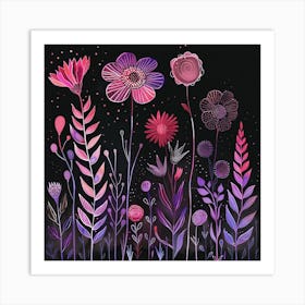 Flowers On A Black Background Art Print