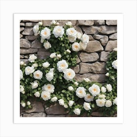 White Climbing Roses On Stone Wall Art Print