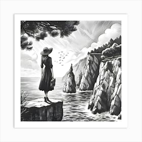 A Sketch Of A Woman Standing On A Cliff Looking At The Sea In A Fancy Art Style Art Print