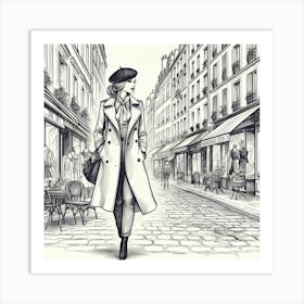 Woman In A Trench Coat Walking Down The Street Art Print