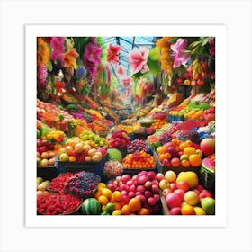 A vibrant and bustling market filled with colorful fruits and flowers.4 Art Print
