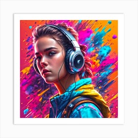 Girl With Headphones Art Print