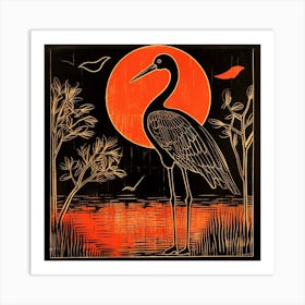 Retro Bird Lithograph Flamingo 1 Art Print