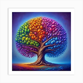 "Chromatic Vibrance"  This artwork presents a majestic tree with a resplendent canopy, each leaf a different shade forming a vibrant spectrum. The tree is a visual metaphor for life, diversity, and unity, with roots deeply entrenched in a colorful landscape that seems to stretch into infinity. The intense hues transition smoothly from warm oranges and reds to cool purples and blues, symbolizing the seamless change of seasons or the diverse tapestry of human experience.  Step into the vivid world of "Chromatic Vibrance," where the ordinary tree is reimagined as a breathtaking symbol of life's rich tapestry. This piece is not just an art; it is a philosophy woven into colors, celebrating diversity, growth, and the interconnectedness of all things. It's an ideal centerpiece that promises to transform any room into a dynamic space, sparking conversations and inspiring minds with its deep symbolism and dazzling colors. Own this vision of beauty and let it remind you daily of the vibrant spectrum of existence. Art Print