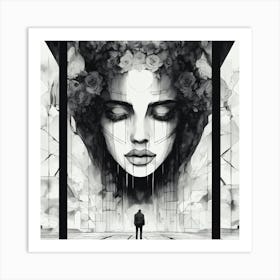 Woman With Flowers On Her Head Black And White Abstract Art Art Print