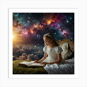 Little Girl Reading A Book In The Sky Art Print