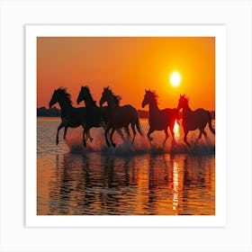 Horses gallop on the beach. Horses Running At Sunset. Art Print