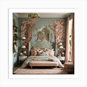 Bedroom With Floral Wallpaper Art Print