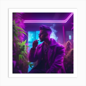 Man Smoking Marijuana In Neon Lights Art Print