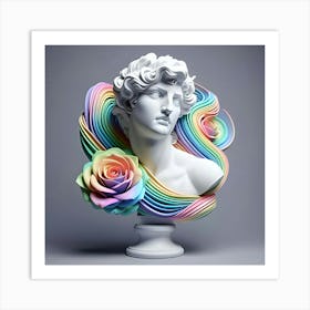 A White Marble Bust Of Rainbow Colored Rose On A Grey Background, 3d 8 Art Print