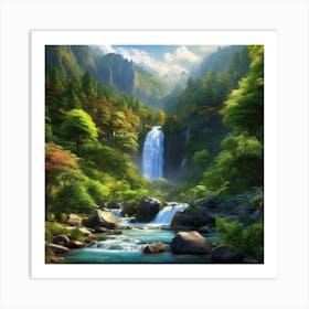 Beautiful Valley with Waterfall Landscape Art Print