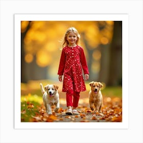 Little Girl With Dogs In Autumn 2 Art Print