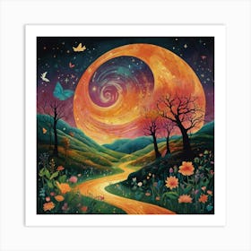 Moon And Butterflies Art Print