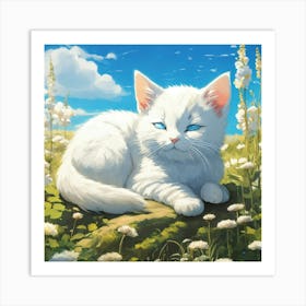 White Cat In The Meadow 1 Art Print