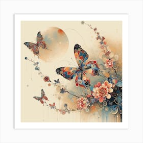 Japanese Butterfly Art with Moon Art Print