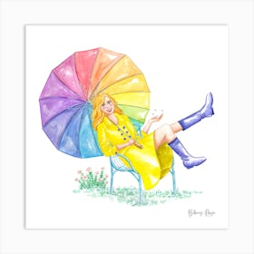 April Showers with rainbow umbrella Art Print