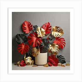 Golden and red leaves of Monstera 1 Art Print
