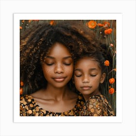 Mother And Daughter In Orange Flowers Art Print