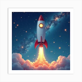 Rocket With A Watercolor Star Filled Galaxy Horizon 1 Art Print