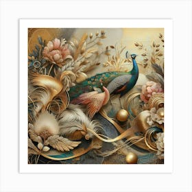 Peacocks And Flowers 5 Art Print