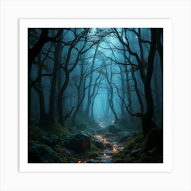 Most Bluish Attractive Forest and Small River Art Print