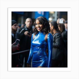 An Ethopian Black Woman Voluptuous Sexy Wearing An Elegant Blue Latex Dress Long on the Red Carpet - Created by Midjourney Art Print