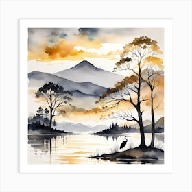 Heron scene in grey and gold 1 Art Print