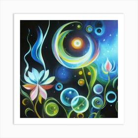 Abstract oil painting: Water flowers in a night garden 1 Art Print