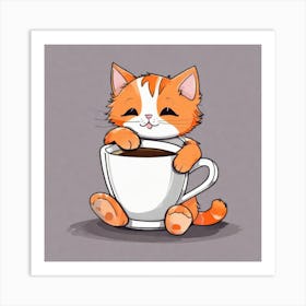 Cute Orange Kitten Loves Coffee Square Composition 1 Art Print