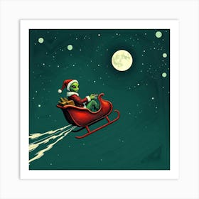 Green Alien Santa in Red Sleigh - Illustration Art Print