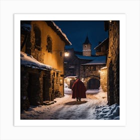 Man In A Red Coat Walking Down A Snowy Street Art Print