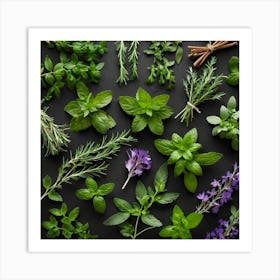 Top View Of Herbs On Black Background Art Print