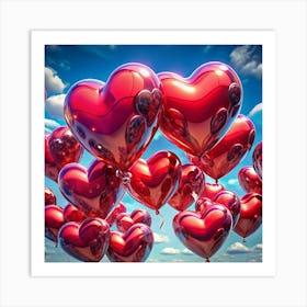 Red Heart Shaped Balloons Against A Blue Sky With Clouds Art Print