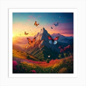 Firefly Mountain, Scenery, Nature, Sunrise, Butterfly, Wings, Paintbrush, Paints, Scattered, Small L (2) Art Print