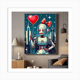 A Bold and Colorful Pop Art Painting of a Robot with Pearl Earrings and a Red Bow, Holding a Heart-Shaped Balloon in a Cityscape Art Print