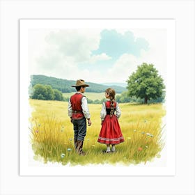 Watercolor Depiction Of Romanian Folklore In An English Countryside 1 Art Print