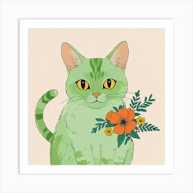 Green Cat With Flowers Art Print